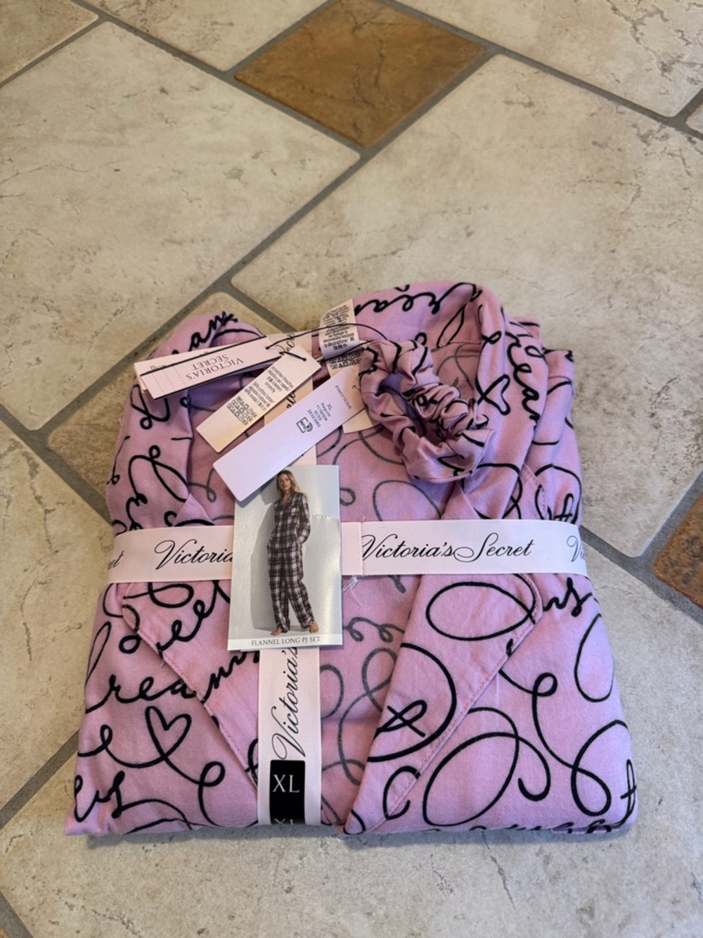 NWT! Victoria Secret Flannel Long Sleeve Pajama Set with VS script pattern XL